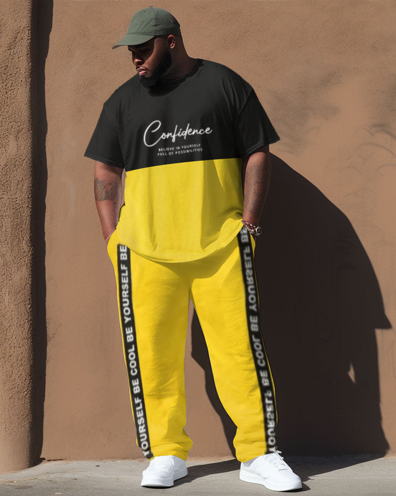 Men's Big Size Street Retro Color Block Letter Hip Hop Casual Two Piece Set