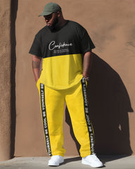 Men's Big Size Street Retro Color Block Letter Hip Hop Casual Two Piece Set