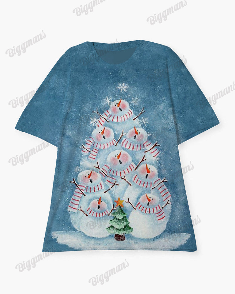 Plus Size Women's Snowman Christmas Tree Print Loose Short Sleeve T-shirt