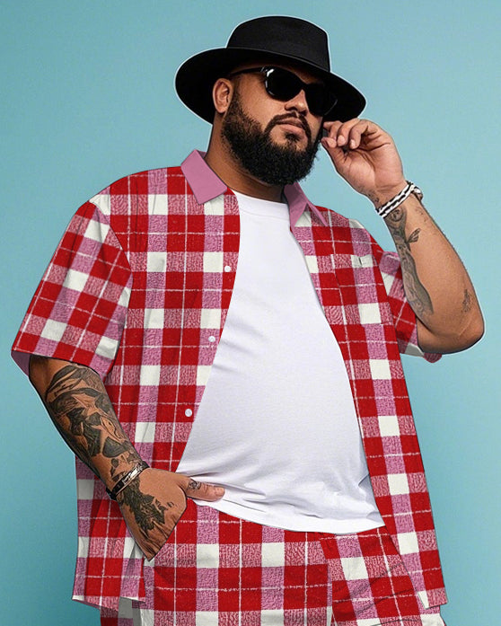 Men's Business Casual Red & White Plaid Printed Big Size Short Sleeve Shirt and Shorts Set