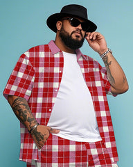 Men's Business Casual Red & White Plaid Printed Big Size Short Sleeve Shirt and Shorts Set