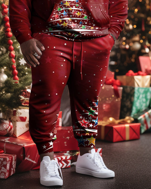Men's Large Size Red Christmas Tree Hoodie Two Piece Set