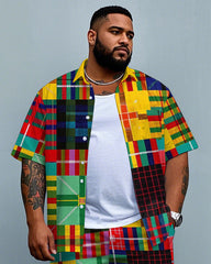 Big Men's Street Fashion Colorful Plaid Splicing Style Pocket Short Sleeve Shirt and Shorts Set