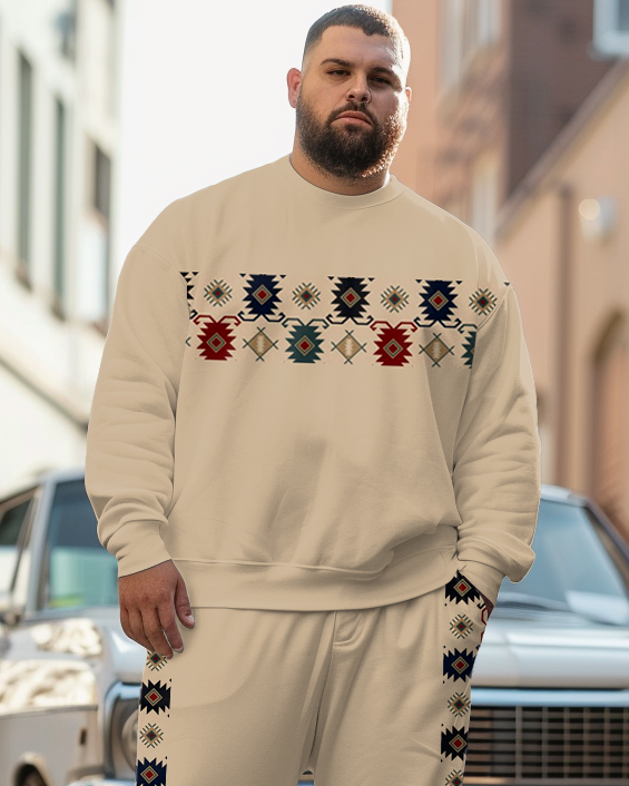 Men's Plus Size Simple Stitching Ethnic Pattern Sweatshirt Two-Piece Set