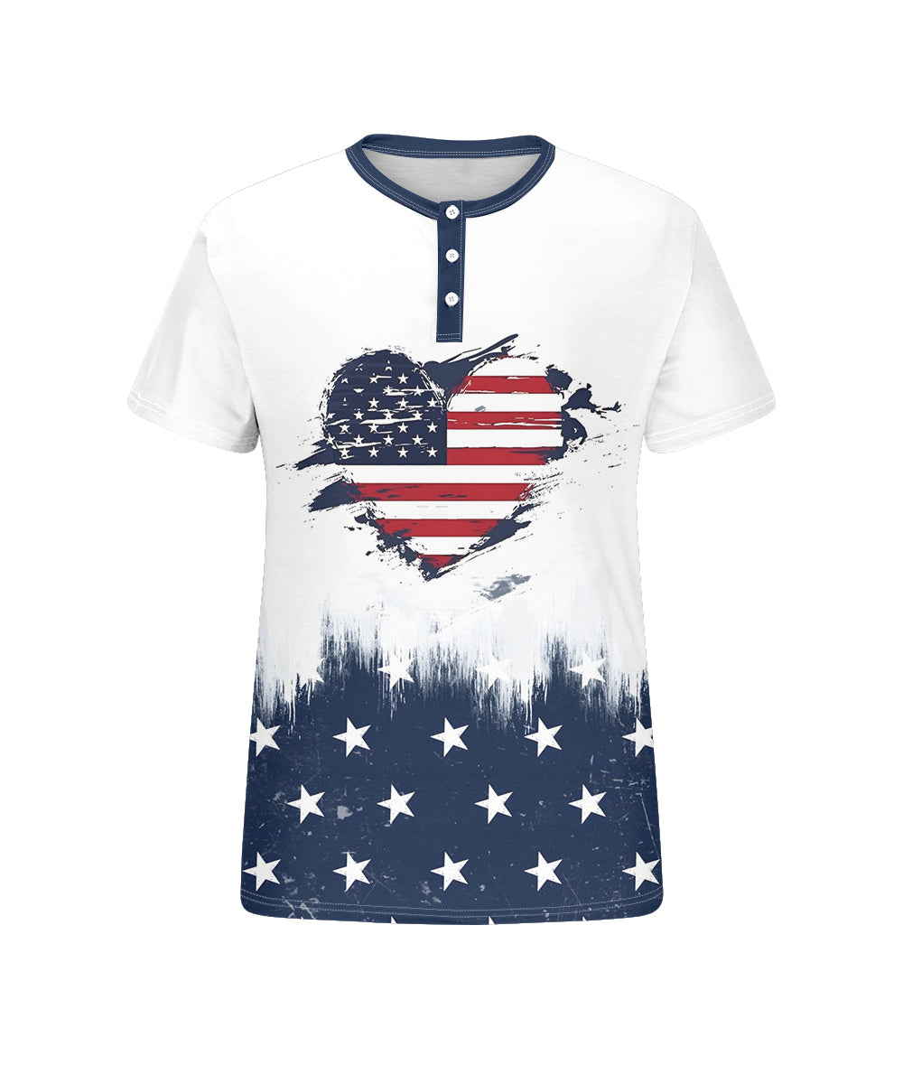 Men's Plus Size Independence Day American Flag Love Print Henry Collar Button Short Sleeve Tee