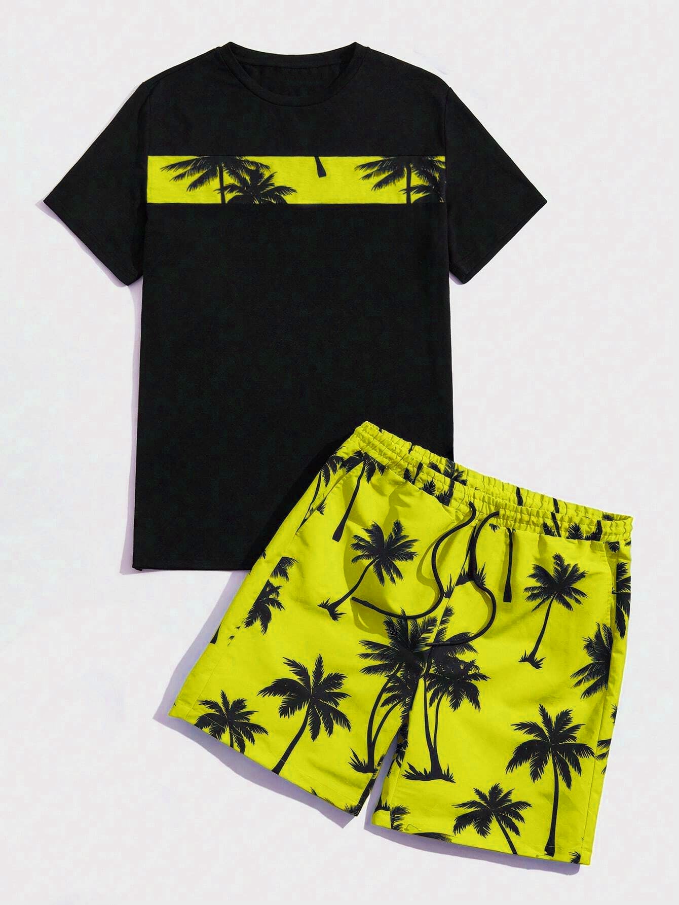 Big Men's Hawaiian Tropical Yellow Coconut Tree Patchwork Print Short Set