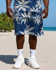 Men's Big Size Fashion Tropical White Coconut Trees Printed Hawaiian Vest and Shorts Set