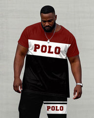 Men's Plus Size Black & Red & White Colorblock Printed Short Sleeve T-Shirt Trousers Suit