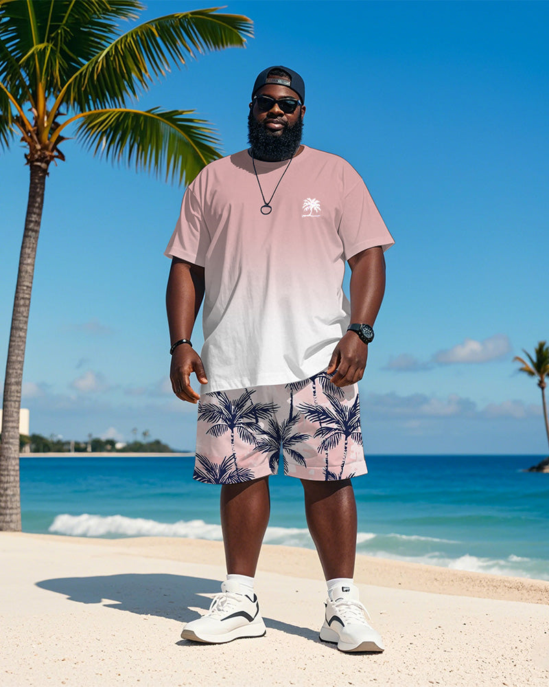 Big & Tall Men's Hawaiian Pink Coconut Print Round Neck Short Sleeve T-Shirt Shorts Suit