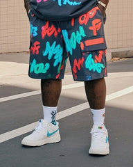 Plus Size Men's Irregular Creative Personality Graffiti English Printed T-Shirt Pocket Shorts Suit