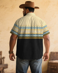 Men's Plus Size Black & Apricot Western Denim Cotton Blend Short Sleeve Shirt