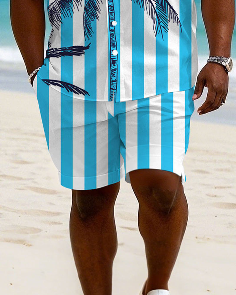 Men's Plus Size Hawaiian Royal Blue White Striped Large Coconut Tree Short Sleeve Shirt Shorts Suit