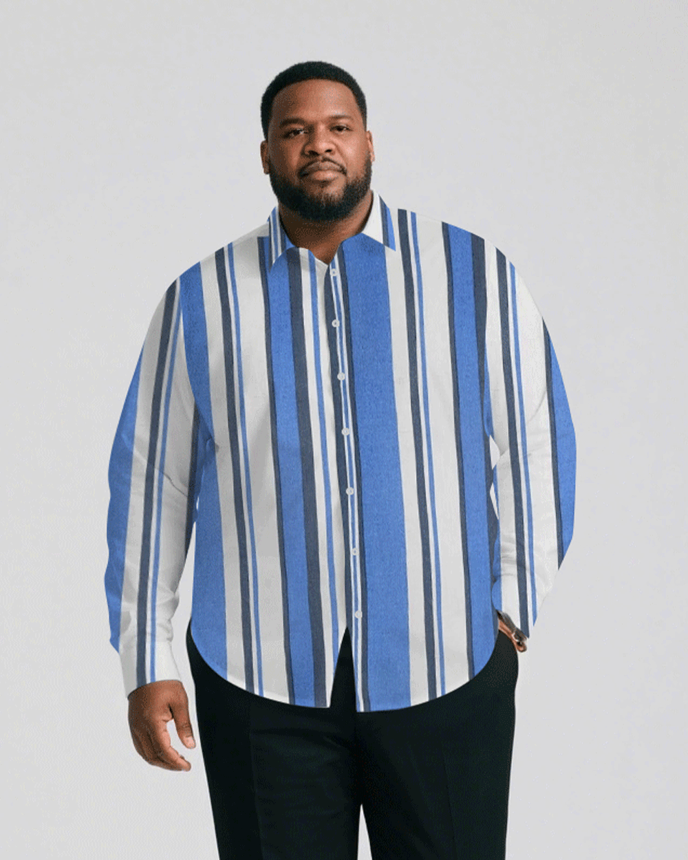Men's Plus Size Business Classic Blue Striped Print Long Sleeve Shirt Trousers Suit