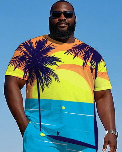 Big Men's Hawaiian Artistic Color Block Coconut Trees Printed Short Sleeve T-shirt and Shorts Set
