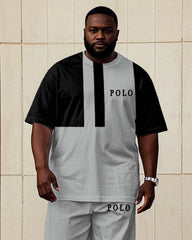 Men's Plus Size Black & Grey Colorblock Logo Print Short Sleeve T-Shirt Trousers Suit