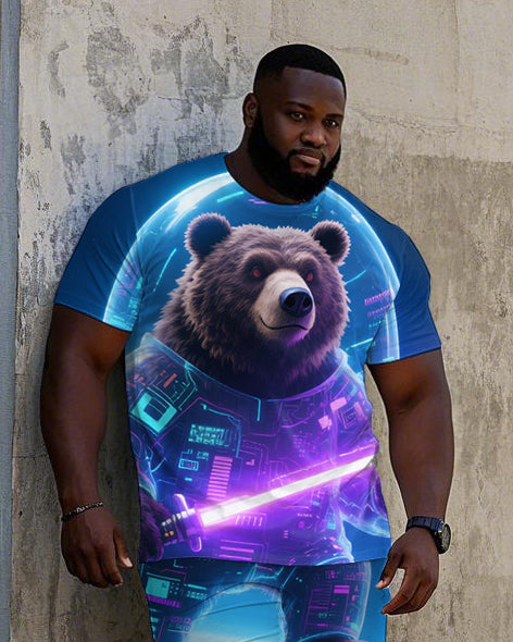 Big Guy's Abstract Bear with Lightsaber Technology Theme Short Sleeve T-Shirt Shorts Set