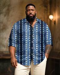 Big & Tall Men's Vintage Blue Tie Dye Stripe Art Print Long Sleeve Bamboo Hemp Texture Shirt