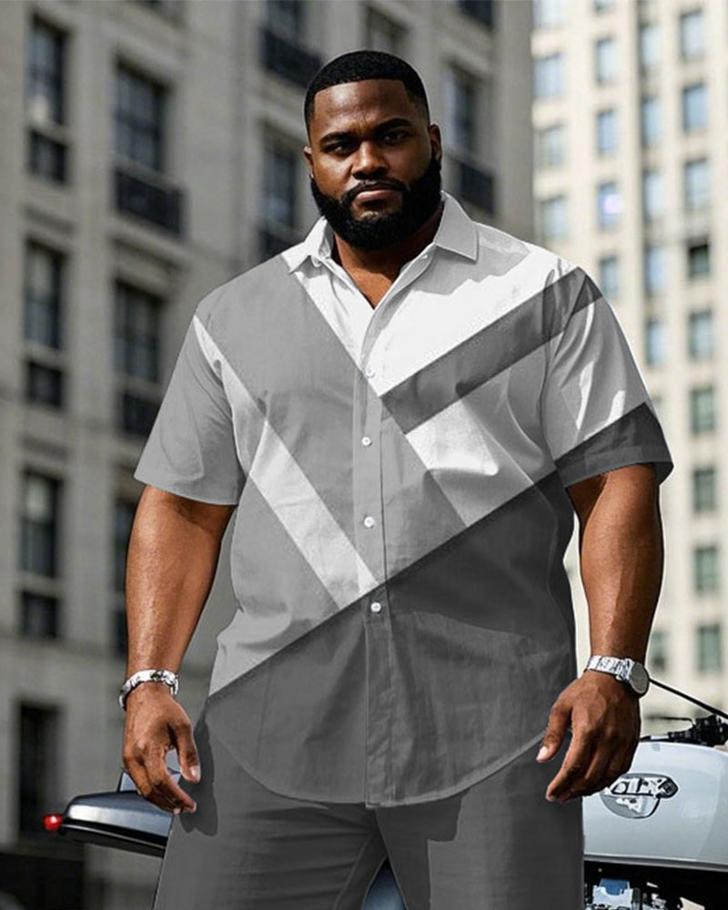 Men's Plus Size Grey & White Personality Stitching Daily Casual Short-sleeved Shirt Trousers Suit