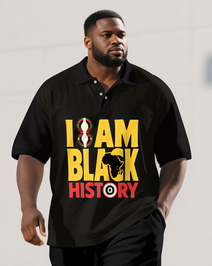 Big Men's BLACK HISTORY Letter Juneteenth Theme Short Sleeve Polo Shirt Shorts Suit