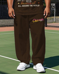 Big Men's Colorful Artistic Letter Chicago 1978 Ball Printed Short Sleeve T-shirt Pants Set