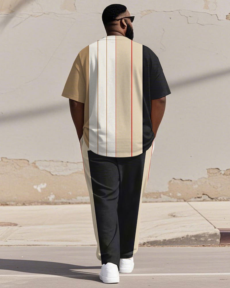 Men's Plus Size Black Khaki Colorblock Stripe Print Henley Collar T-Shirt Trousers Suit