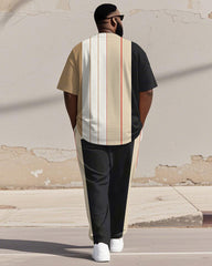 Men's Plus Size Black Khaki Colorblock Stripe Print Henley Collar T-Shirt Trousers Suit