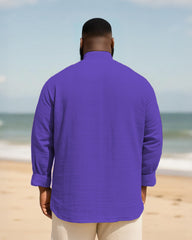 Big & Tall Men's Everyday College Style B Letter Icon Bamboo Hemp Texture Stand-up Collar Long Sleeve Shirt