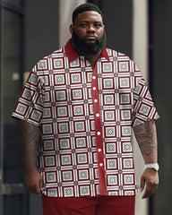 Men's Big & Tall Business Casual Square Continuous Pattern Printed Short Sleeve Shirt Trousers Set