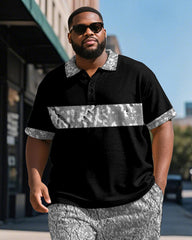 Big & Tall Men's Business Black Patchwork Printed Short Sleeve Polo Shirt Shorts Suit
