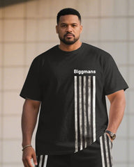 Big & Tall Men Black Striped Side Stitching Chest Slogan Printed Round Neck Short Sleeve T-Shirt Shorts Suit