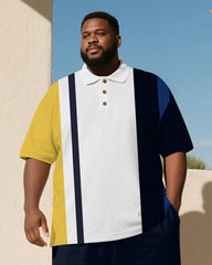 Big & Tall Men's Business Yellow Blue Stripe Print Short Sleeve Polo Shirt Shorts Suit