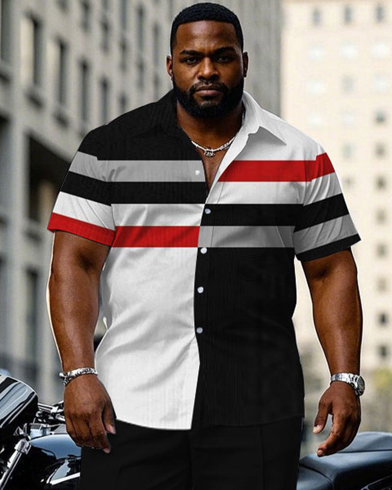 Men's Plus Size Business Tone Geometric Stitching Short Sleeve Shirt Trousers Suit