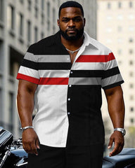 Men's Plus Size Business Tone Geometric Stitching Short Sleeve Shirt Trousers Suit