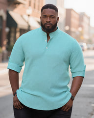 S-3XL Solid Color Casual Breathable Button Collar Henry Collar Long Sleeve Shirt