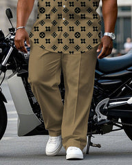 Men's Plus Size Khaki Big Brand Pattern Printed Short-sleeved Shirt Trousers Suit