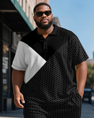 Men's Plus Size Daily Black And White Patchwork Printed Short-sleeved Polo Shirt Shorts Suit