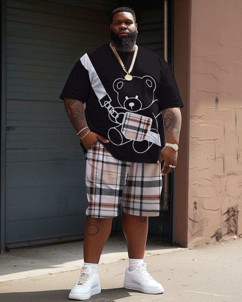 Street Casual Bear Plaid Print Men's Big and Tall Set