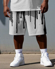 Big & Tall Men's Dark Punk Style Ink HAPPY Lettering Casual Short-Sleeve T-shirt Shorts Set