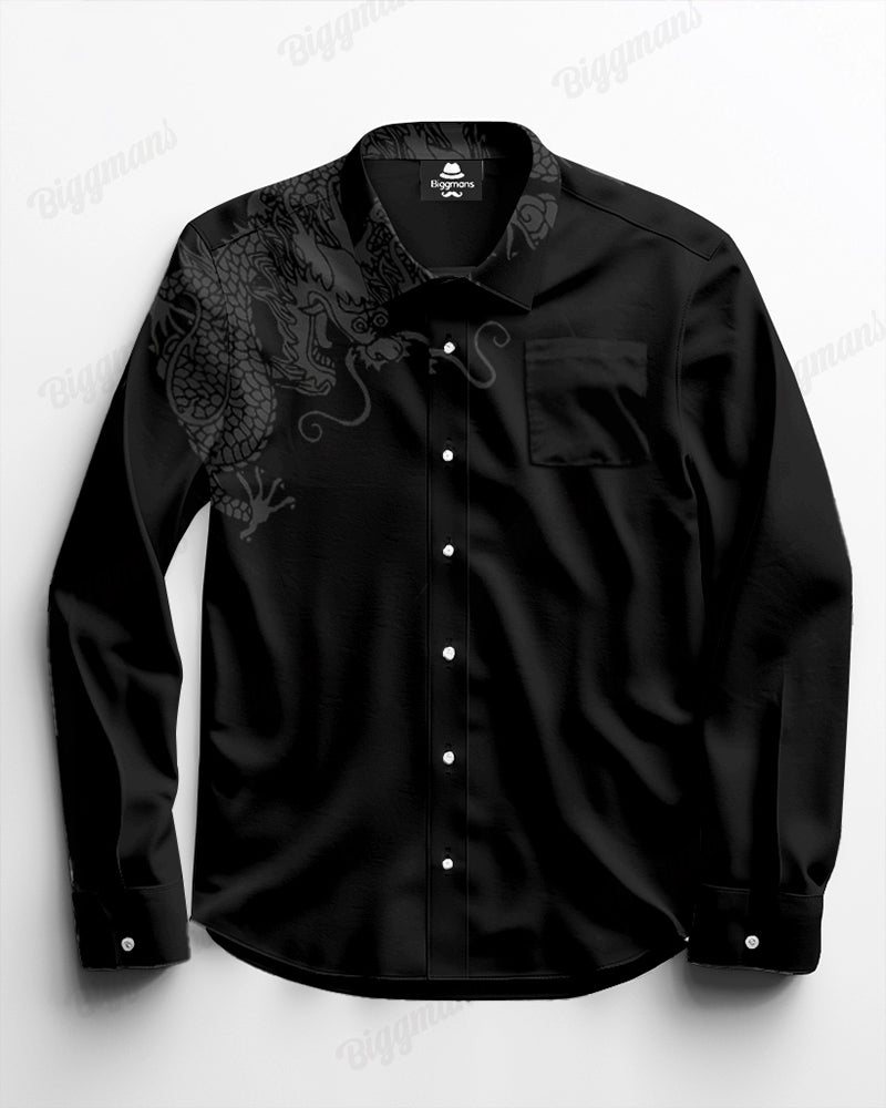 Chest Pocket Dragon Jacquard Long Sleeve Lapel Shirt 2-Piece Set Men's Plus Size