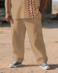 Big Men's Western Splicing Geometric Pattern Theme Casual Short-Sleeve Shirt Trouser Sets