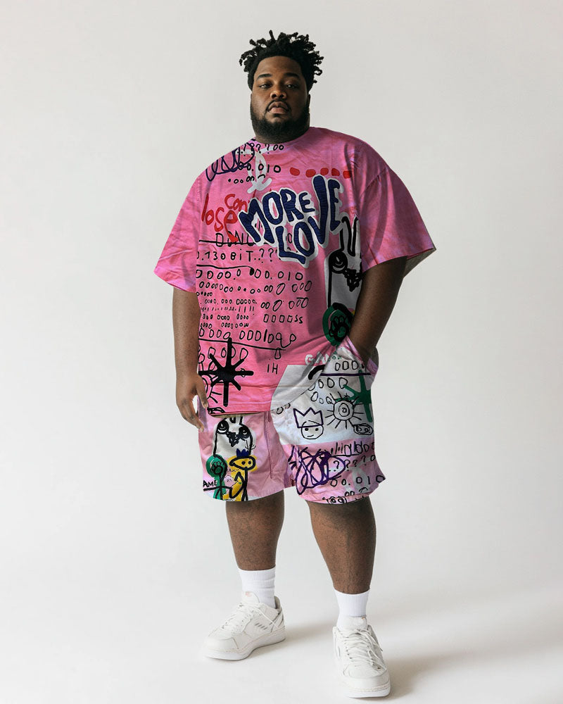 Men's Plus Size Street Pink Graffiti Print Short Sleeve T-Shirt Shorts Suit