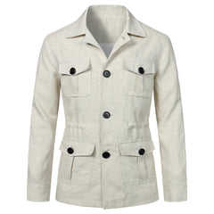 M-5XL Men's Casual Linen Jacket With Laps And Multi-Pockets