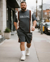 Big & Tall Men's Dark Gray IRON Alphabet Print Round Neck Short Sleeve T-Shirt Shorts Suit