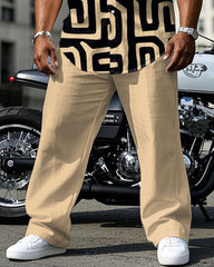 Men's Plus Size Business Khaki Geometric Square Continuous Pattern Daily Casual Short Sleeve Shirt Trousers Suit