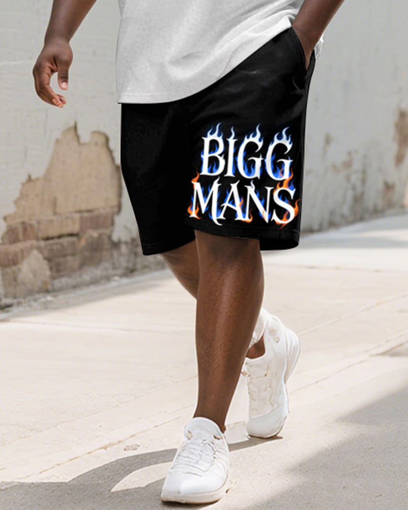 Men's Plus Size Flame Gradient BIGGMANS Letter Print Round Neck Short Sleeve T-shirt Shorts Suit