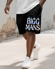 Men's Plus Size Flame Gradient BIGGMANS Letter Print Round Neck Short Sleeve T-shirt Shorts Suit