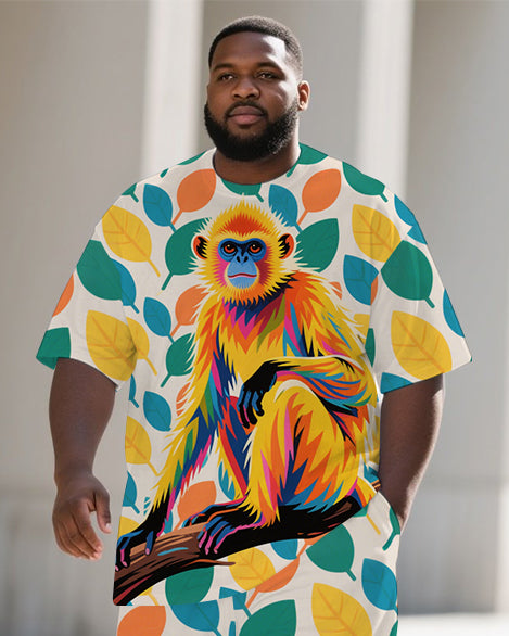 Big Men's Animal World Cool Monkey Printed Casual Summer Short Sleeve T-shirt Pants Set