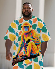 Big Men's Animal World Cool Monkey Printed Casual Summer Short Sleeve T-shirt Pants Set