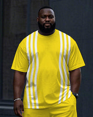 Big Men's Daily Casual Simple White Stripe Printed Short Sleeve T-Shirt Shorts Set