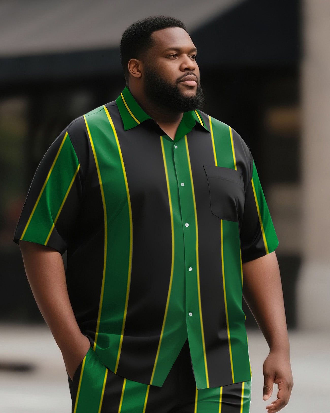 Big & Tall Men's Street Fashion Daily Casual Black Green Yellow Colorblock Striped Shirt Shorts Suit